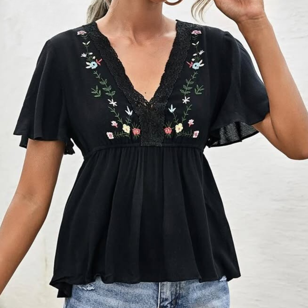 Embroidered Flutter Sleeve Blouse