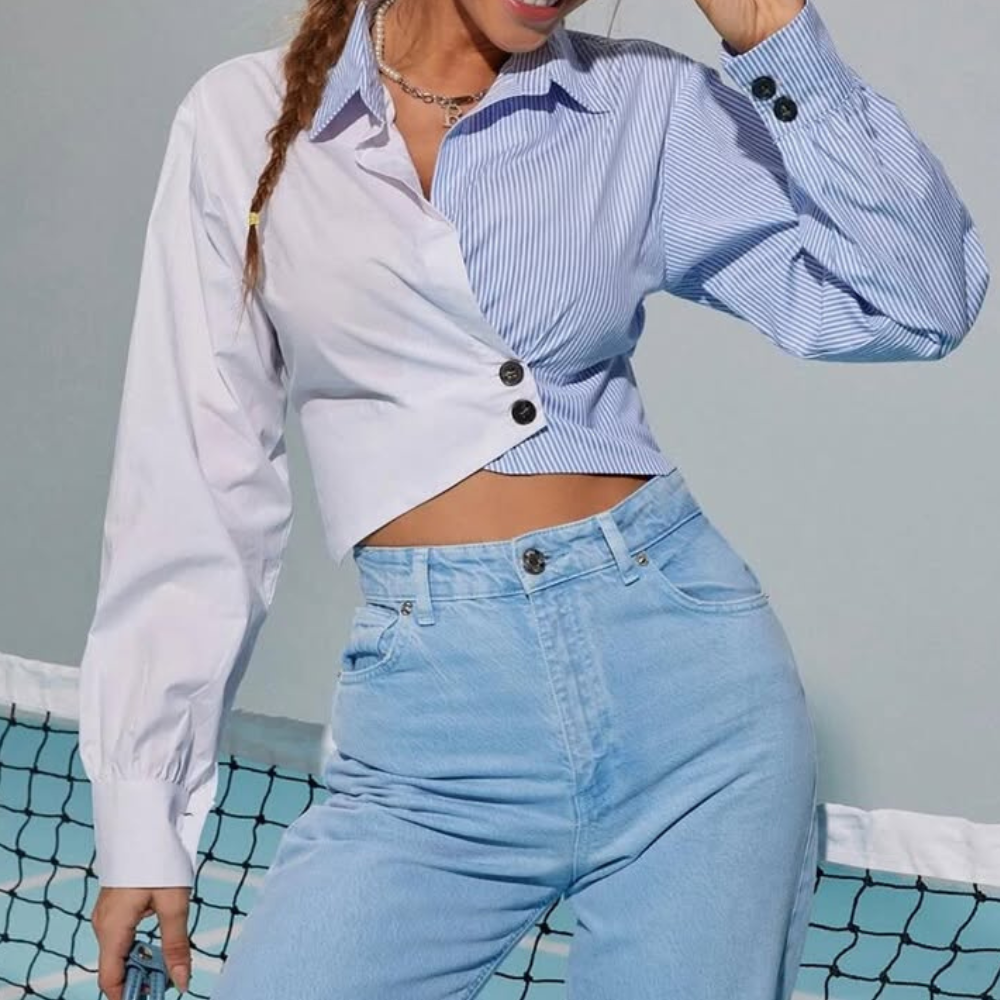 Two-Tone Cropped Button Blouse