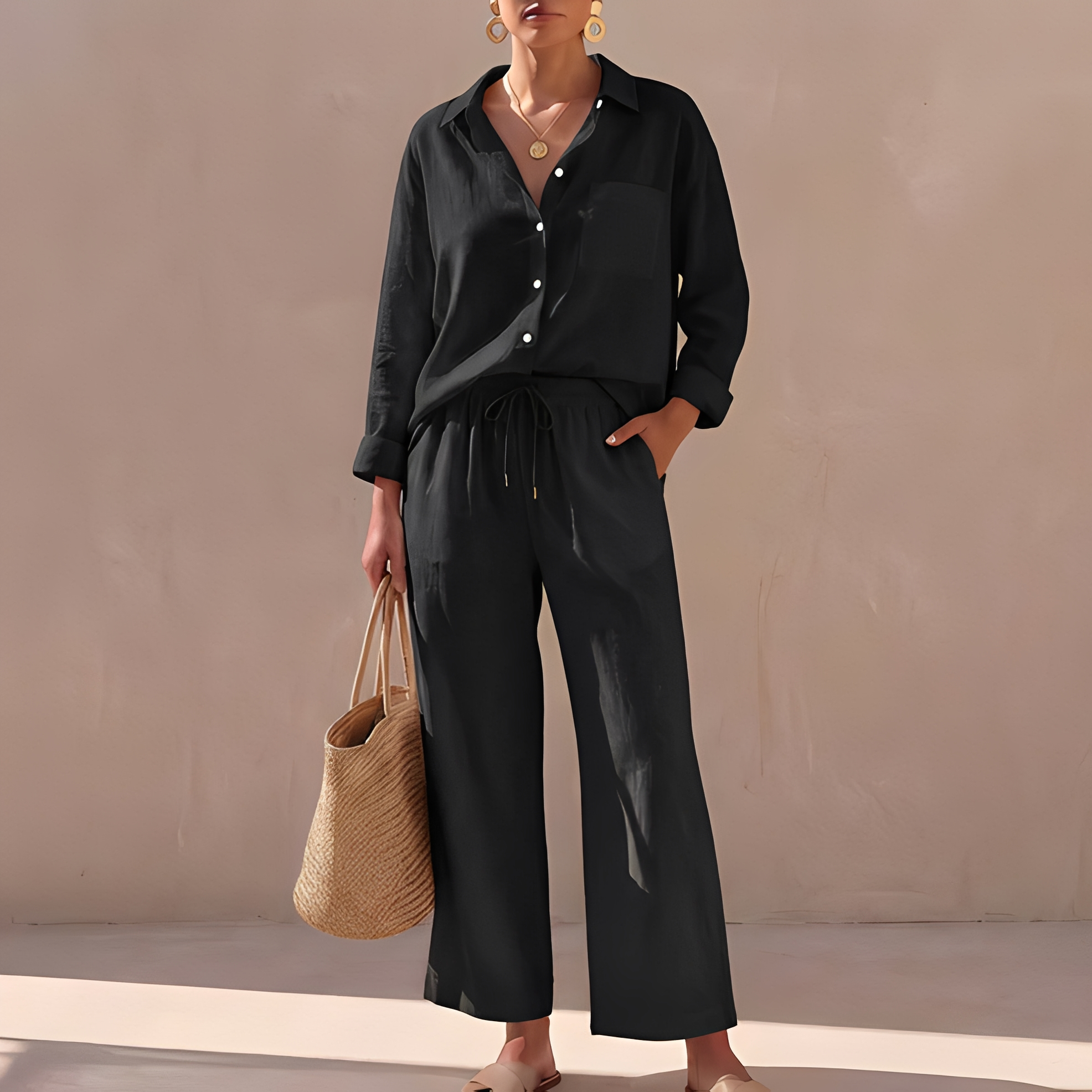 Genzel - Women's Buttoned Shirt and Pants Set