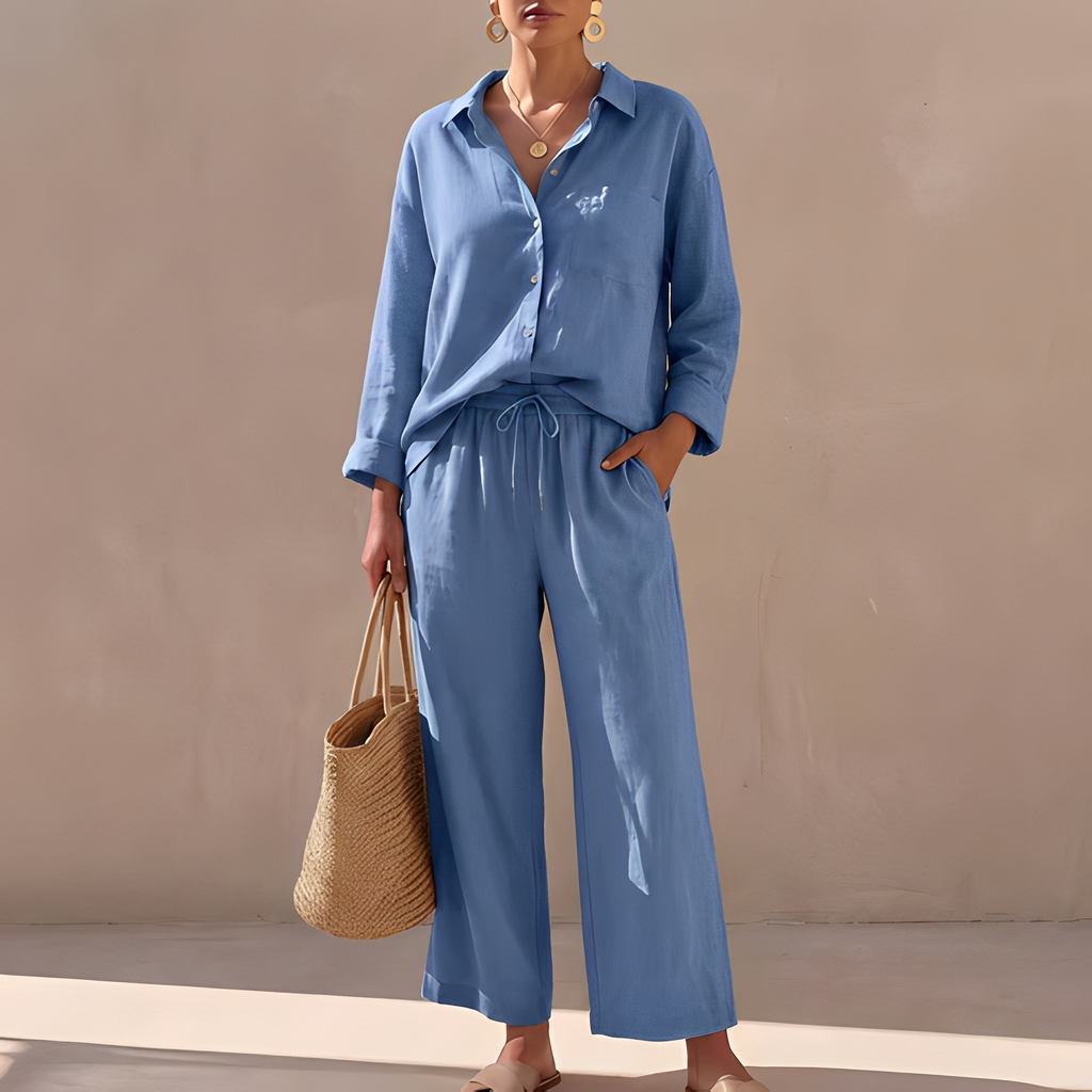 Genzel - Women's Buttoned Shirt and Pants Set