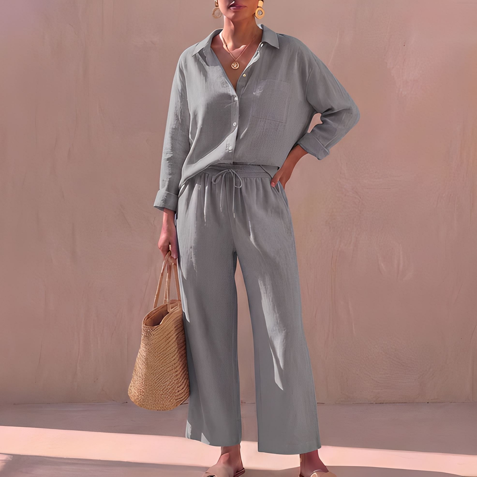 Genzel - Women's Buttoned Shirt and Pants Set