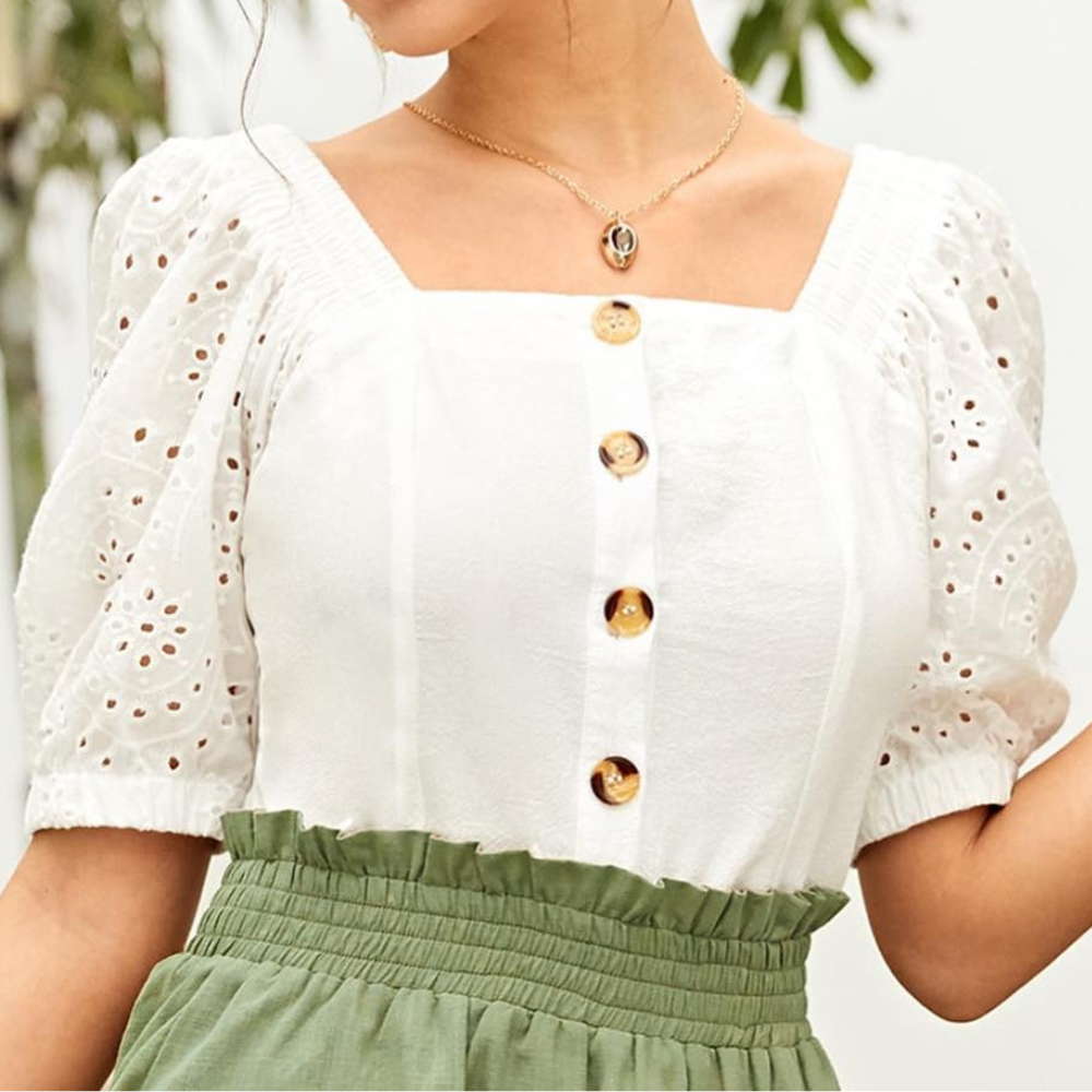 Eyelet Button-Front Puff Sleeve Top