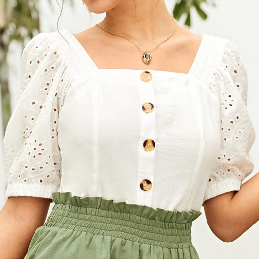 Eyelet Button-Front Puff Sleeve Top
