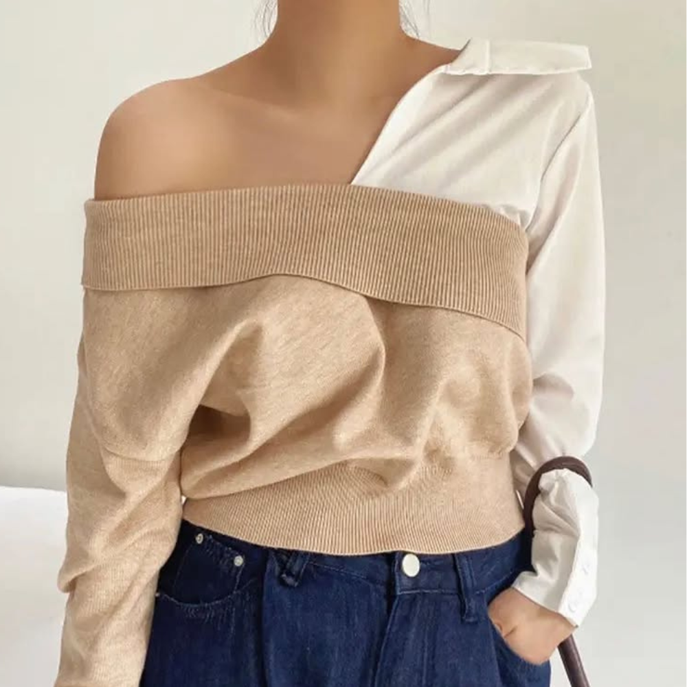 Two-Tone Off-Shoulder Sweater Blouse