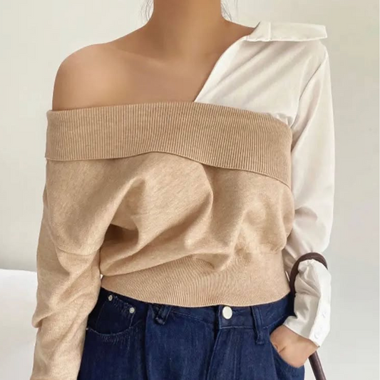 Two-Tone Off-Shoulder Sweater Blouse