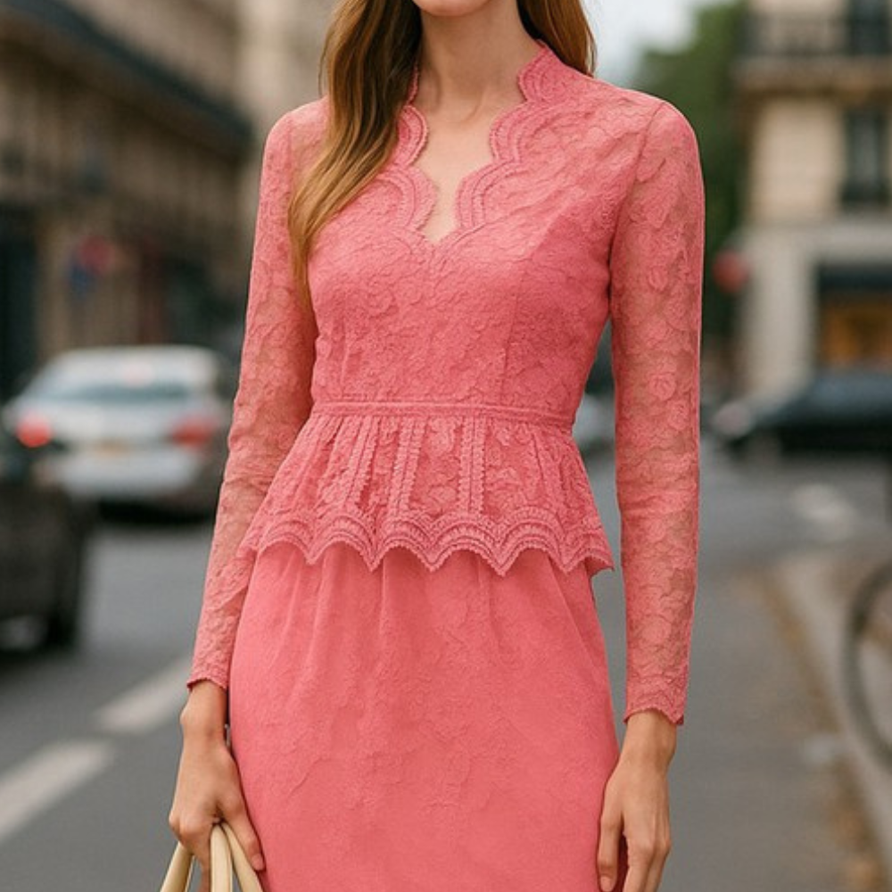 Lace Peplum Long-Sleeve Blouse