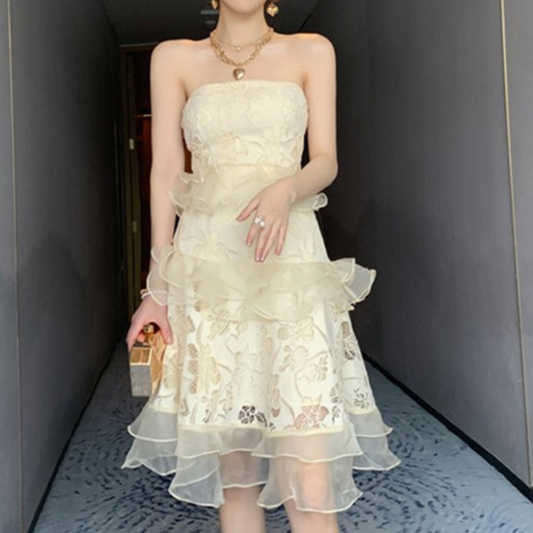 Layered Floral Strapless Cocktail Dress